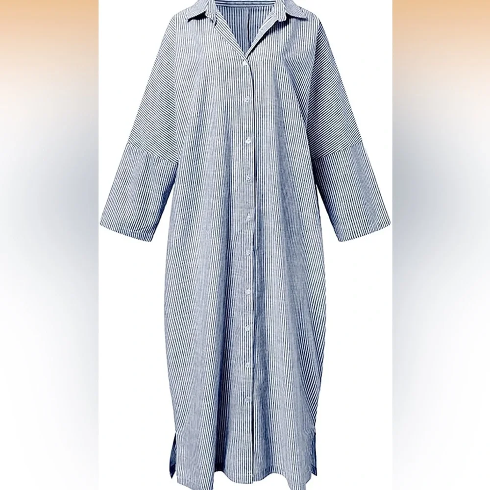 Chouytou button down shirt dress blue & white stripes, side pockets, split hem - Picture 16 of 16